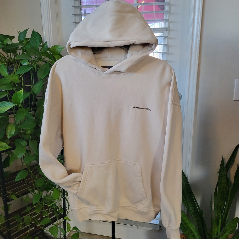 Abercrombie & Fitch Soft Essentials Hoodie Mens Large Cream NYC Logo Sweatshirt